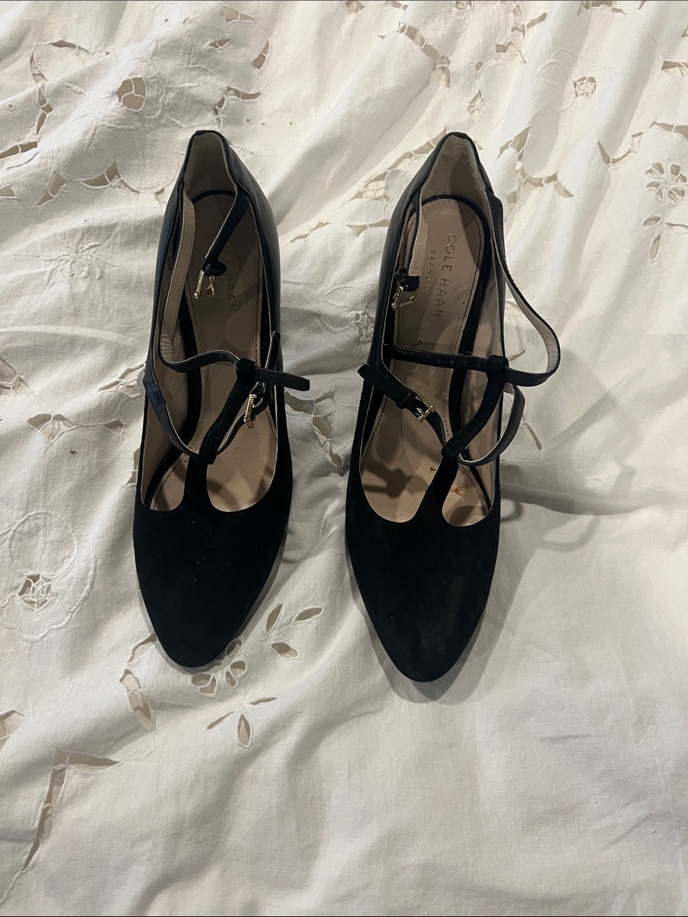 Cole Haan Black Suede T-Strap Pointed Toe Heels